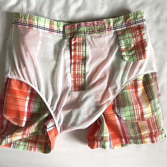 Vintage 90s Polo Ralph Lauren Swim Trunks Men M 32 Orange Plaid Pocket Net Liner - Picture 11 of 12